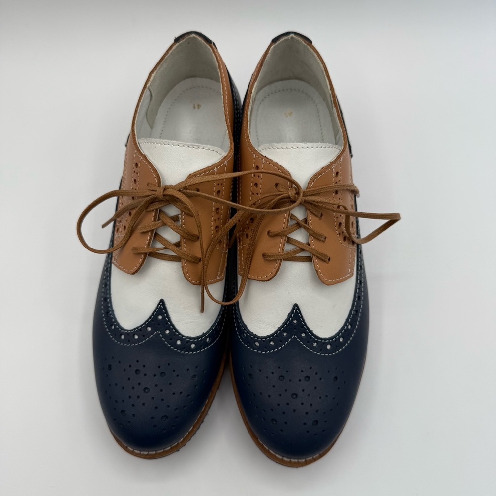 Girotti Wingtip Oxford #2219 Brogue Navy Tan White Leather Size 41 (8.5 US) - Picture 3 of 17